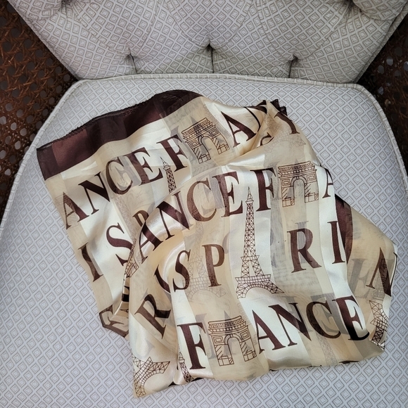 Satin Scarf Paris France French Allover Print Square - Picture 2 of 6
